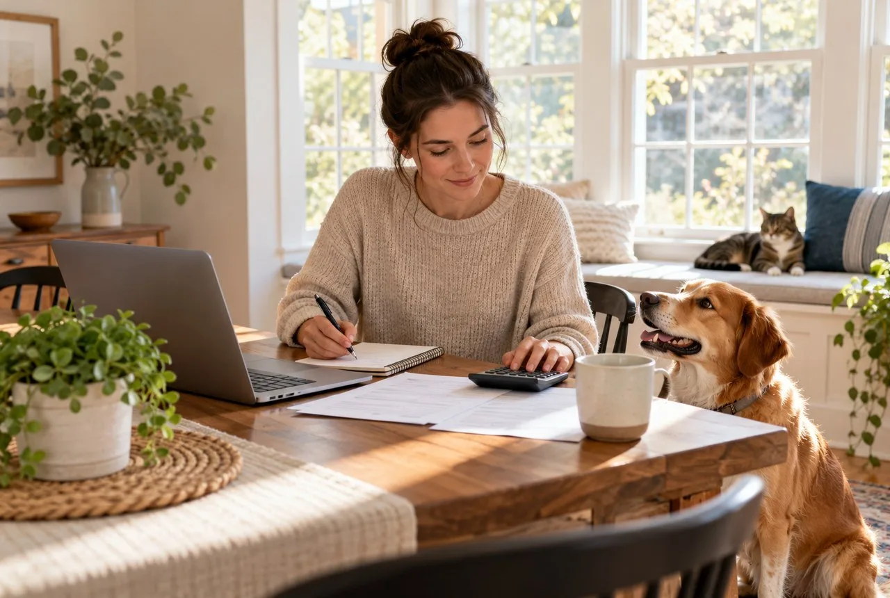 Owner using a calculator with a dog and cat nearby