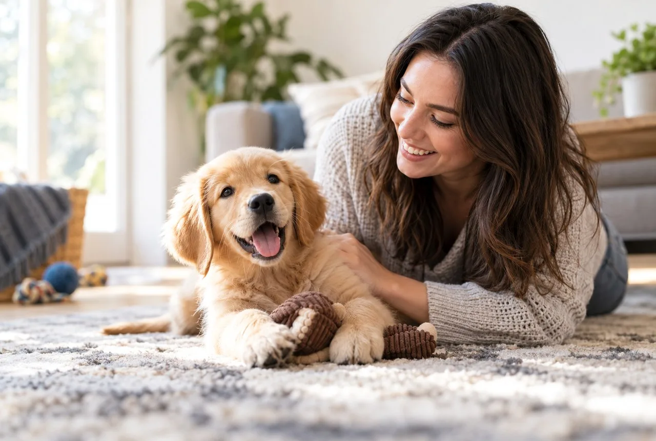 Woman playing with a golden-colored puppy on a rug